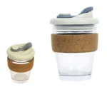 Oak Glass Mug with Cork Grip and Flip Lid – Stylish and Spill-Proof