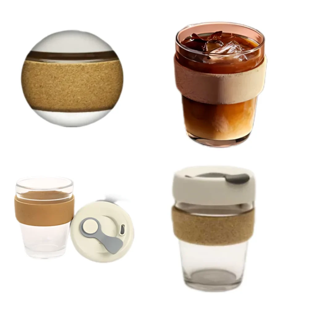 Oak Glass Mug with Cork Grip and Flip Lid – Stylish and Spill-Proof - Image 3