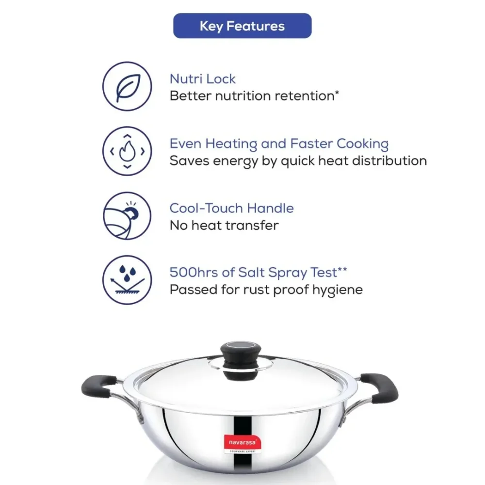 Triply Stainless Steel Kadai 26cm with Lid – 3.6L | Induction and Gas Stove Compatible - Image 2