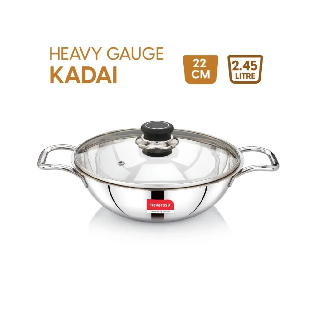 Heavy Gauge Stainless Steel Kadai 22cm with Glass Lid – Induction & Gas Stove Compatible - Image 5