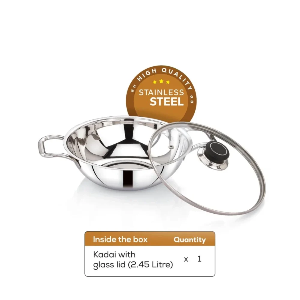 Heavy Gauge Stainless Steel Kadai 22cm with Glass Lid – Induction & Gas Stove Compatible - Image 3