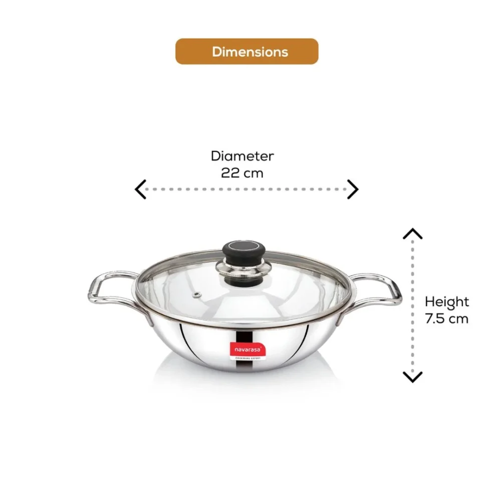 Heavy Gauge Stainless Steel Kadai 22cm with Glass Lid – Induction & Gas Stove Compatible - Image 2