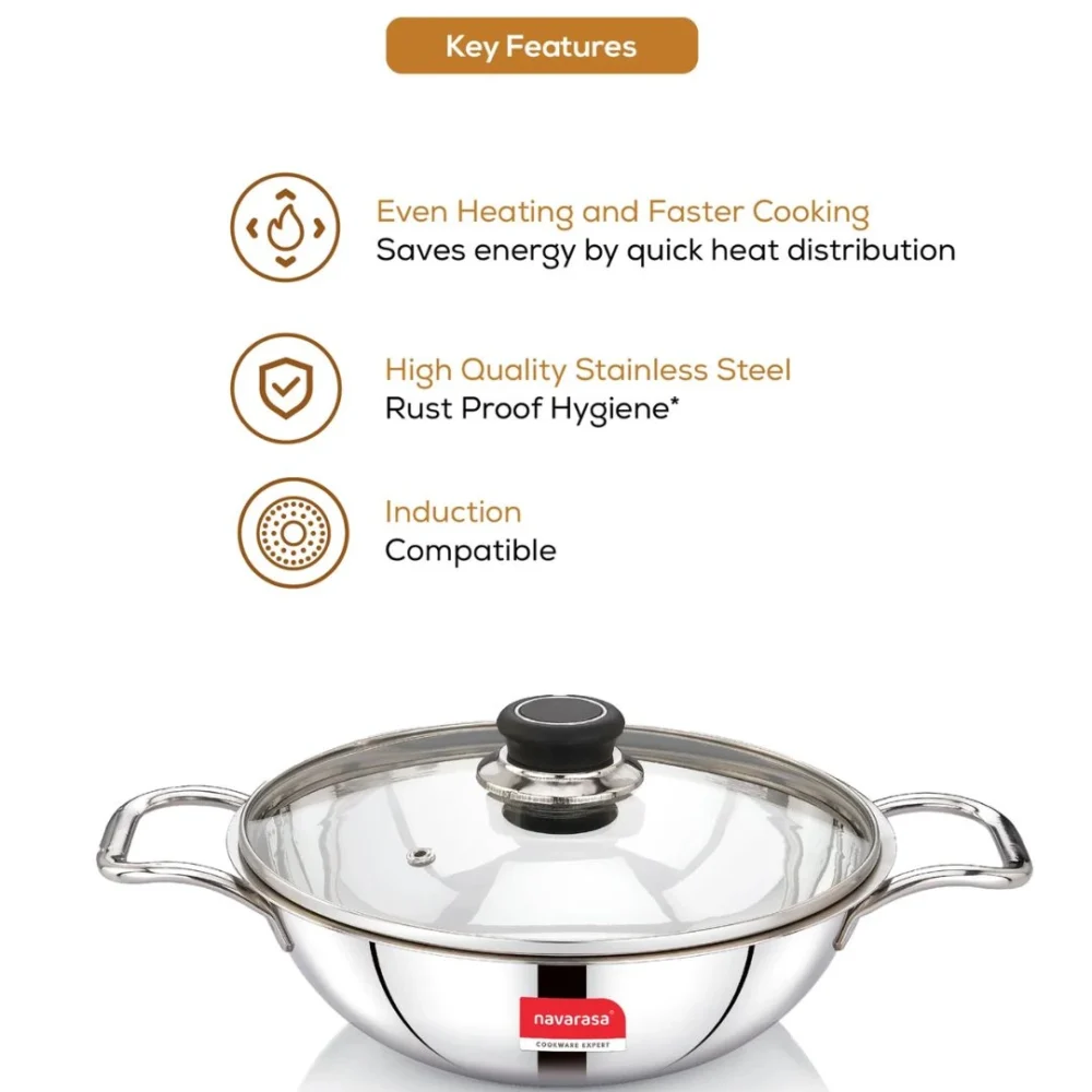 Heavy Gauge Stainless Steel Kadai 22cm with Glass Lid – Induction & Gas Stove Compatible - Image 4