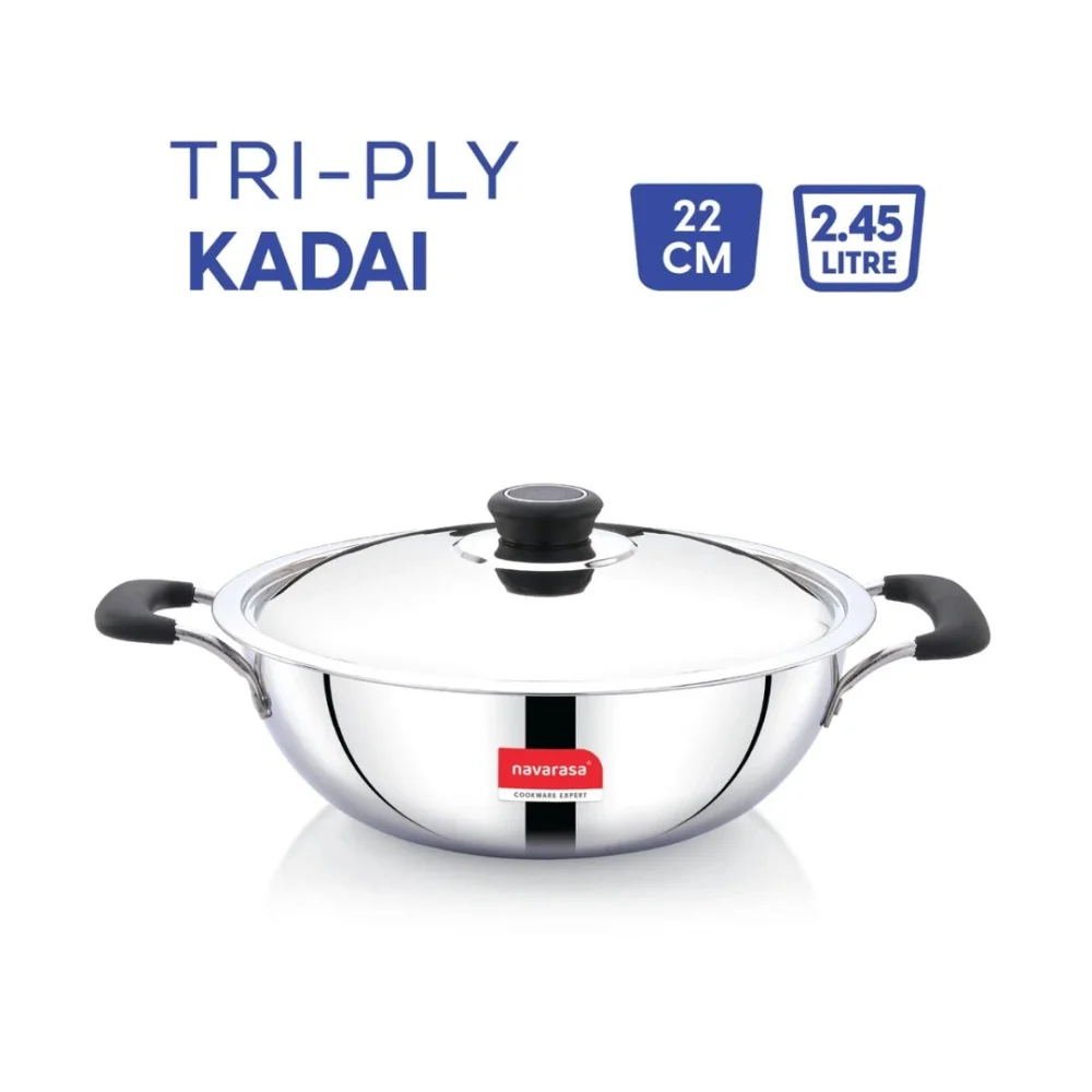 Premium Triply Kadai  22cm with Lid  Stainless Steel  2.45 L - Induction Compatible - Image 2