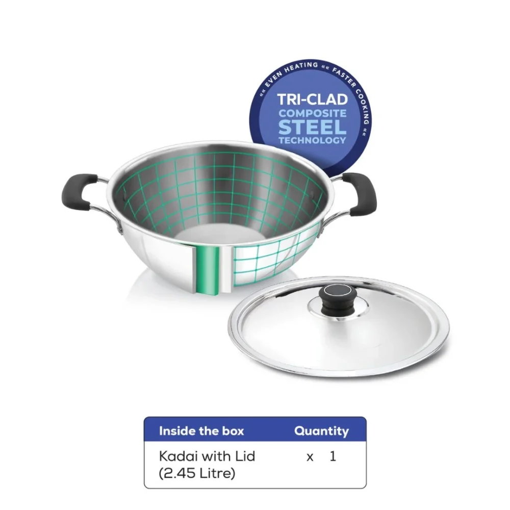 Premium Triply Kadai  22cm with Lid  Stainless Steel  2.45 L - Induction Compatible - Image 7
