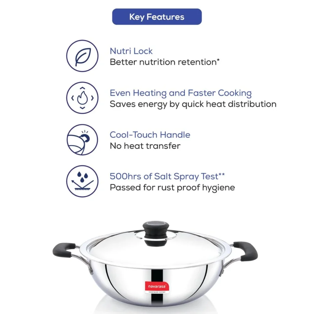 Premium Triply Kadai  22cm with Lid  Stainless Steel  2.45 L - Induction Compatible - Image 5